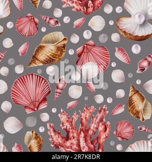 Wasserfarbenes, nahtloses Muster mit Korallen, Muscheln und Perlen. Sie malen mit der Hand unter Wasser lebendige Objekte auf einem weißen, isolierten Hintergrund. Für Designer Stockfoto