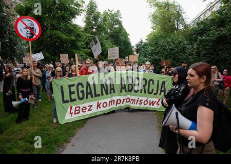 Polen. 14. Juni 2023. Demonstranten haben ein Banner und Symbole für Frauenstreiks: Schwarze Regenschirme, Blitzeinschläge und Hänger während der Demonstration gegen das restriktive Abtreibungsgesetz in Polen. Proteste im ganzen Land kommen nach dem Tod der schwangeren Dorota Lalik im Alter von 33 Jahren am 24. Mai 2023 im John Paul II Krankenhaus in Nowy Targ, Südpolen. Dorota Laliks Fall ist der jüngste von einer Frau, die in einem Krankenhaus stirbt, die versuchte, eine Schwangerschaft aufgrund der Anwesenheit eines fetalen Herzschlags aufrecht zu erhalten, bis es zu spät war, um das Leben der Frau zu retten. Kredit: SOPA Images/Alamy Live News Stockfoto