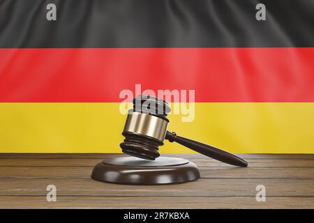 Kleiner Hammerschaufel von Richtern von Gerichten auf einem Holztisch mit Nationalflagge Deutschlands als Hintergrund. Deutsche Rechtsordnung und Rechtsfragen Stockfoto