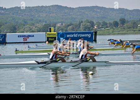 Varese, Italien. 16. Juni 2023. VMen's Double Sculls, Beginn beim World Ruwing Cup II 2023 Credit: Live Media Publishing Group/Alamy Live News Stockfoto