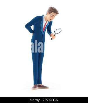 3D Cartoon-Geschäftsmann, der durch eine Lupe blickt, Darstellung isoliert auf weißem Hintergrund Stockfoto