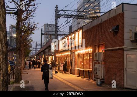 Tokio, Japan - April 2023; Abendblick entlang kleiner Restaurants im Viertel Yurakucho unter Steinbögen (Gado-shita) erhöhter Bahnschienen Stockfoto