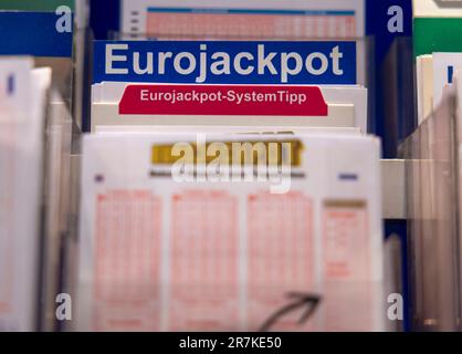 Köln, Deutschland. 16. Juni 2023. Tickets mit der Aufschrift „Eurojackpot“ stehen in einem Abteil in einem Lotteriegeschäft. Kredit: Thomas Banneyer/dpa/Alamy Live News Stockfoto