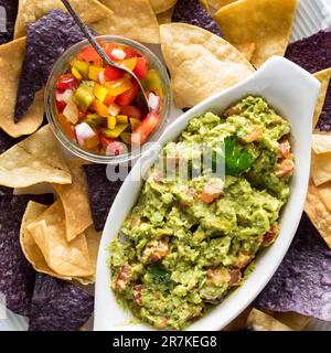 Hausgemachte Guacamole und Salsa, umgeben von Corn Tortilla Chips. Stockfoto