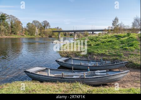 Fischerboote am Fluss Tweed an der schottischen Grenze mit der Kelso-Umgehungsbrücke A698 im Hintergrund, Vereinigtes Königreich Stockfoto