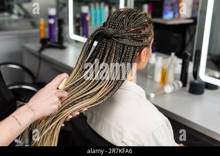 Friseursalon, tätowierter Friseur, der Haarmittel auf die Zöpfe einer Frau im Salon aufträgt, Sprühflasche, glückliche Schönheitsarbeiterin, Kundenzufriedenheit, Salonkasse Stockfoto