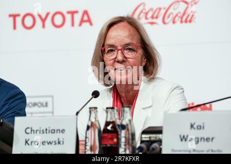 Berlin, Deutschland. 01. Januar 2000. Christiane Krajewski, Präsidentin der Olympischen Sonderspiele Deutschland, nimmt am 16. Juni 2023 an der Eröffnungskonferenz im Konferenzzentrum Messe Berlin Teil. Die Special Olympics Summer World Games beginnen am 17. Juni in Berlin. An den Berliner Spielen 2023 werden 7000 Lernbehinderte aus 190 Ländern teilnehmen. Es ist das größte Sportereignis des Jahres 2023. (Foto: Dominika Zarzycka/Sipa USA) Guthaben: SIPA USA/Alamy Live News Stockfoto