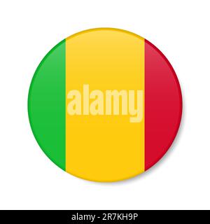 Symbol für Mali-Kreis-Taste. Runde malische Abzeichen-Flagge mit Schatten. Realistische 3D-Vektordarstellung auf Weiß isoliert. Stock Vektor
