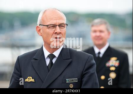 Kiel, Deutschland. 16. Juni 2023. Vizeadmiral Jan Christian Kaack, Inspektor der deutschen Marine, spricht auf der Abschlusspresse. Das traditionelle Manöver „Baltops“ in der Ostsee endet am Freitagmorgen in Kiel. Der Schwerpunkt der Übung, die im Juni 4 begann, bestand darin, klare Seekanäle in der Ostsee zu sichern, so die Marine. Kredit: Jonas Walzberg/dpa/Alamy Live News Stockfoto