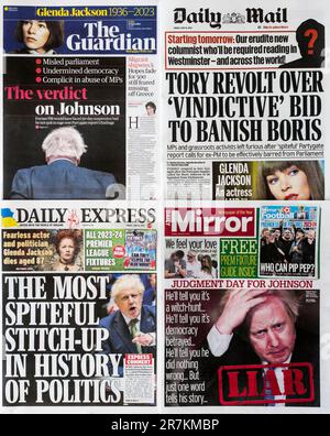 16. Juni 2023 Eine Auswahl an Schlagzeilen auf der Titelseite der Zeitung nach der Veröffentlichung des Berichts des House of Commons Committee of Privileges über Boris Johnson und Partygate und Johnsons Antwort auf den Bericht. Stockfoto