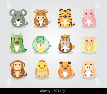12 Tiersymbol-Set, chinesisches Zodiac-Tier Stock Vektor