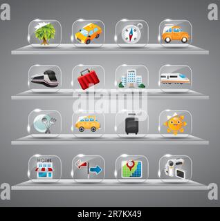 Niedliche Reise-Ikonen-Kollektion, transparenter Glasknopf Stock Vektor