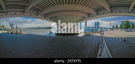 Tagsüber Weitwinkelaufnahme unter der Erasmus-Brücke in Rotterdam Stockfoto