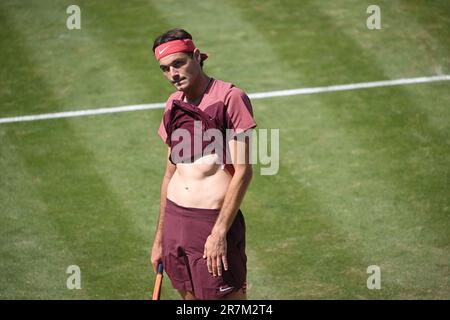 Stuttgart, Deutschland. 16. Juni 2023. Tennis: ATP-Tour - Stuttgart, Singles, Männer, Quarterfinals. Fucsovics (Ungarn) - Fritz (USA). Taylor Fritz reagiert. Kredit: Marijan Murat/dpa/Alamy Live News Stockfoto