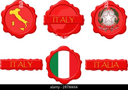 Italienische Wachsmarken mit Flagge, Siegel, Karte und Name. Stock Vektor