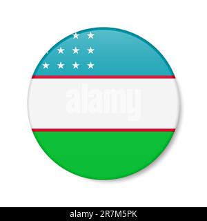 Usbekistan - Symbol für die Kreistaste. Usbekische runde Abzeichen-Flagge mit Schatten. Realistische 3D-Vektordarstellung auf Weiß isoliert. Stock Vektor