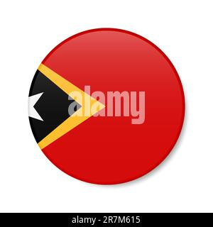Symbol für Kreis-Schaltfläche Osttimor. Timor-Leste runde Abzeichen-Flagge mit Schatten. Realistische 3D-Vektordarstellung auf Weiß isoliert. Stock Vektor