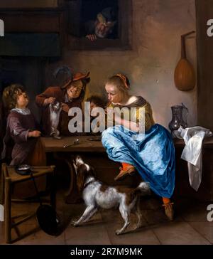 Kinder, die eine Katze zum Tanzen lehren, die Tanzstunde, Jan Steen, 1660-79, Rijksmuseum, Amsterdam, Niederlande, Europa, Stockfoto