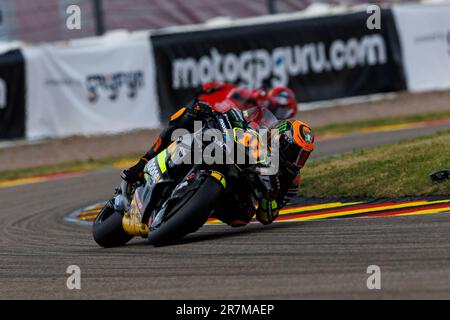 Sachsenring, Hohenstein-Ernstthal, Sachsen, Deutschland. 16. Juni 2023. 2023 Deutscher MotoGP, Freier Trainingstag; Nummer 10 Mooney VR46 Rennfahrer Luca Marini während der Übung 2 beim deutschen MotoGP Credit: Action Plus Sports/Alamy Live News Stockfoto