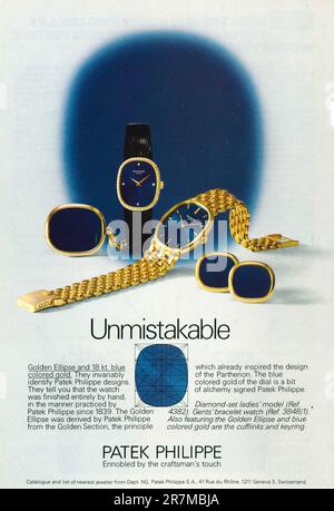 Patek Philippe Golden Ellipse mit 18 kt. Blaue goldene Uhr in einer Zeitschrift 1976 Stockfoto