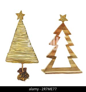 Braun und gelb moderne, wässrige Öko-Weihnachtsbäume aus Holzplanken, isoliert auf weißem Hintergrund. Silvester-Vintage-Spielzeug zu Weihnachten Stockfoto