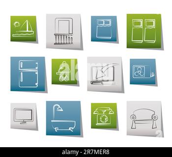 Hotel und Motel Zimmerausstattung Symbole - Vektor Icon Set Stock Vektor