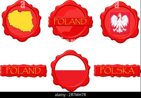 Polen Wachsstempel mit Flagge, Siegel, Karte und Name. Stock Vektor