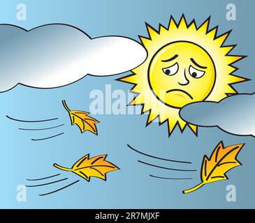 Der Herbstbeginn mit Blättern, die im Wind wehen, während eine traurige Sonne durch die Wolken hindurchblickt. Stock Vektor