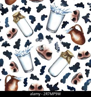 Nahtloses Muster mit Milchkuhnasen und -Flecken. Auf weißem Hintergrund. Handgezeichnete Aquarell-Illustration. Milchstruktur für Designdrucke. Für Etiketten Stockfoto