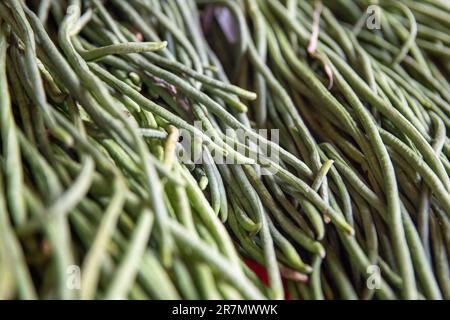 Ein Haufen grüne Bohnen, frisch gepflückt auf dem Markt Stockfoto