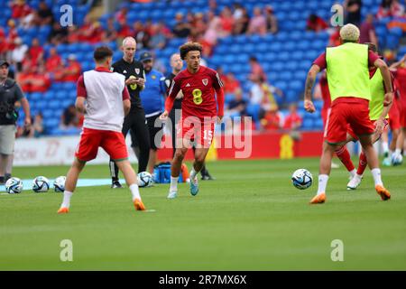 Cardiff, Großbritannien. 16. Juni 2023. Cardiff, Wales, Juni 16. 2023: Spieler von Wales wärmen sich vor dem Fußballspiel der UEFA 2024 European Qualifiers zwischen Wales und Armenien im Cardiff City Stadium in Cardiff, Wales, auf. (James Whitehead/SPP) Kredit: SPP Sport Press Photo. Alamy Live News Stockfoto