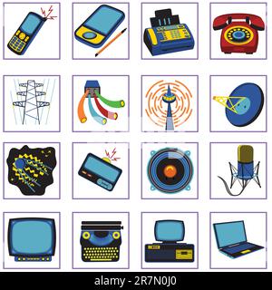 Satz mit 16 verschiedenen Kommunikationssymbolen, Illustration im Retro-Stil. Stock Vektor