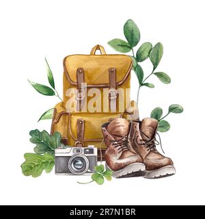 Gelber Reiserucksack, Kamera und Wanderschuhe. Handgezeichnete Aquarell-Illustration. Komposition für Postkarten und Aufkleber zum Thema Camping Stockfoto