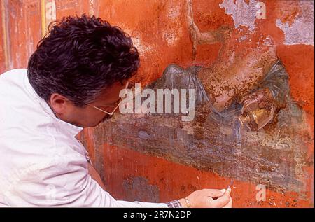 Italien Campania Pompeji Villa Moregine, die archäologischen Ausgrabungen - Triclinium C, Nordwand, Detail des Sarno River God. Stockfoto