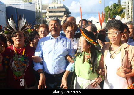 Salvador, Brasilien. 16. Juni 2023. 5. Ausgabe des Terra Livre Bahia Camps, in Anwesenheit von Gouverneur Jerônimo Rodrigues, heute Freitagnachmittag (16), im Außenbereich der Legislativversammlung von Bahia (Alba) in Salvador/BA. Kredit: Mauro Akin Nassor/FotoArena/Alamy Live News Stockfoto