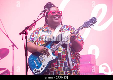 Manchester, Usa. 19. Juni 2022. Celisse tritt am 1. Tag des Bonnaroo Music & Arts Festivals 2023 am 15. Juni 2023 in Manchester, Tennessee, auf. Foto: Darren Eagles/imageSPACE Credit: Imagespace/Alamy Live News Stockfoto