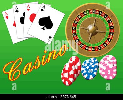 Eine Vektordarstellung zum Thema Kasino mit Spielkarten, Roulette und Chips. Stock Vektor