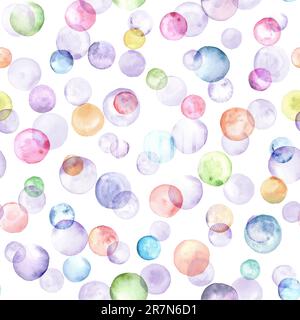 Abstrakter, wasserfarbener Geburtstagsfeier-Hintergrund. Handgezeichnete mehrfarbige geometrische Formen kreisen nahtlose Muster. Aquarell farbenfrohe Textur. Drucken von Stockfoto