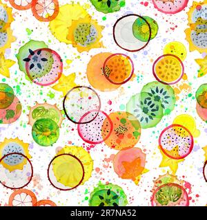 Nahtloses Muster mit exotischen tropischen Obstscheiben. Von Hand gezeichnete Aquarelle auf gepunktetem, farbenfrohem Hintergrund. Helle Sommerornam mit Aquarell Stockfoto