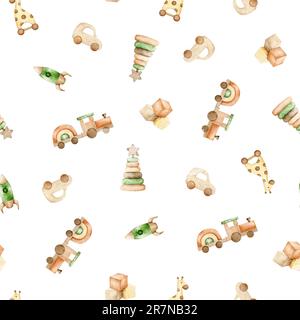 Babyspielzeuge mit nahtlosem Muster. Holzauto, Würfel, Zug, Rakete, Giraffe auf Rädern und Pyramide im skandinavischen Stil, süßer, wiederholter Hintergrund. Die Hand Stockfoto