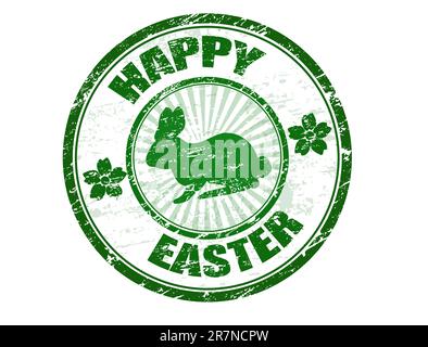 Grüner Grunge-Gummistempel mit Häschen-Silhouette und der Text Happy Easter auf der Innenseite des Stempels Stock Vektor