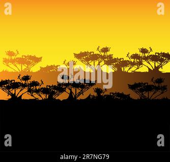 Tourismus, Reisehintergrund, Kenia, Savanna-Silhouette. Landschaftskarte Afrika, Poster Stock Vektor