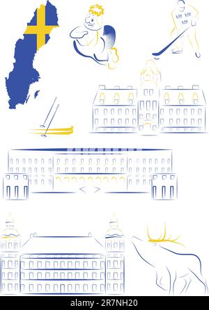 Eine Reihe von vektorgezeichneten, stilisierten Sehenswürdigkeiten und Symbolen Schwedens Stock Vektor