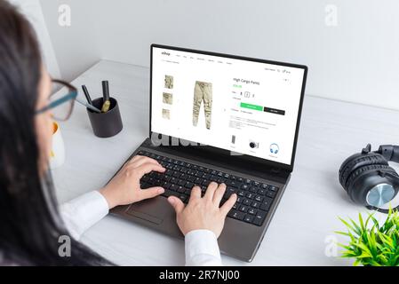 Kleidung online einkaufen. Frau durchsucht Cargohosen auf einer E-Commerce-Website Stockfoto