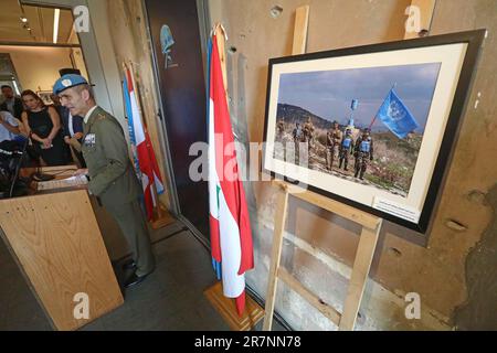 Beirut, Libanon. 16. Juni 2023. Am 16. Juni 2023 wird eine Fotoausstellung der Interimstruppe der Vereinten Nationen im Libanon (UNIFIL) in Beirut (Libanon) eröffnet. Anlässlich des 75. Jahrestages der UN-Friedenssicherungseinsätze startete hier am Freitag die Fotoausstellung der UNIFIL. Kredit: Bilal Jawich/Xinhua/Alamy Live News Stockfoto