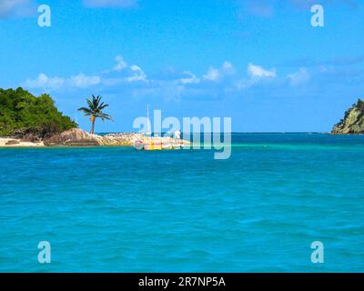 Boote vor Anker in Tobago Cays, St. Vincent und den Grenadinen, karibischen kleinen Antillen. Stockfoto