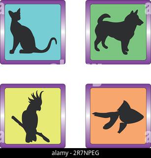 Satz von Tiersymbolen: Katze, Hund, Papagei und Fisch Stock Vektor