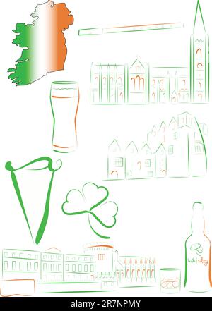 Eine Reihe von Vektorzeichnungen stilisierter Sehenswürdigkeiten und Symbole Irlands Stock Vektor