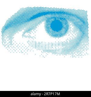 Blue Halftone Eye – Nahaufnahme des Gesichts eines Mannes auf weißem Hintergrund Stock Vektor