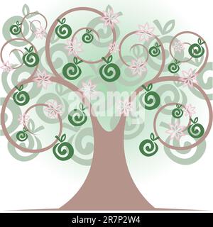 schöne stilisierter Baum mit Äpfeln und Blumen Stock Vektor